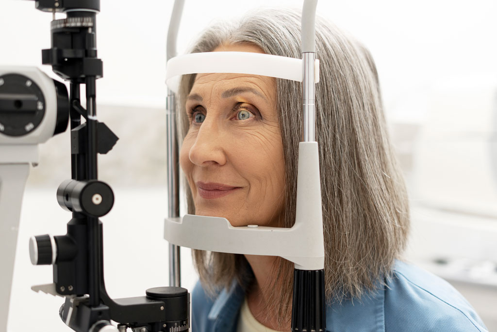 We offer eye surgery consultation and specialty eye care of other kinds. A woman gets her eyes checked. 